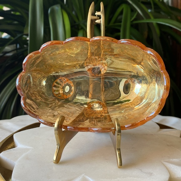 1950’s Jeannette Floragold Marigold Iridescent Carnival Glass Vintage Candy Dish - Picture 3 of 11